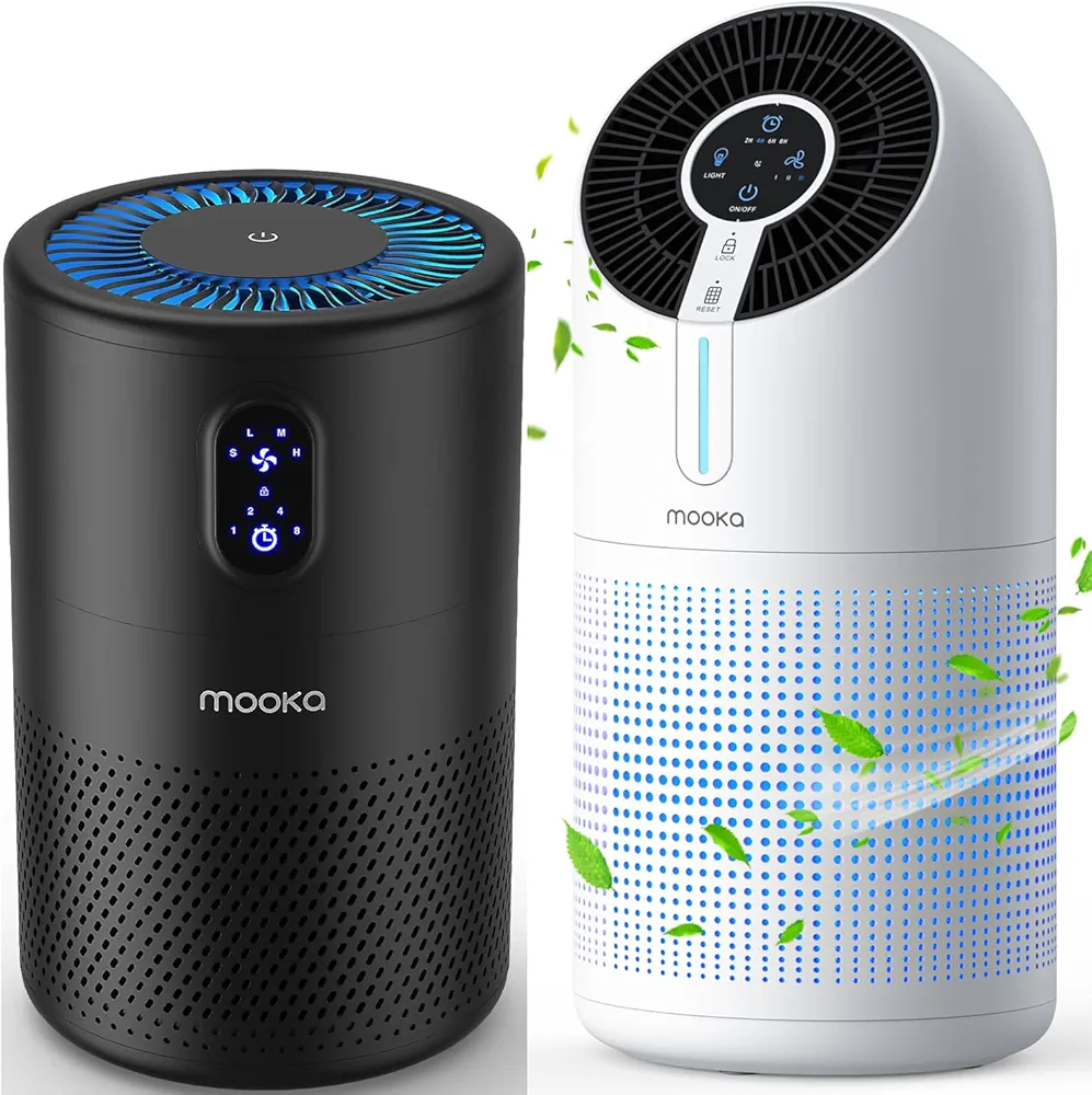 MOOKA M02 + B-D02L Air Purifiers for Home Large Room up to 1095ft², H13 True HEPA Air Filter Cleaner, Odor Eliminator, Remove Smoke Dust Pollen Pet Dander, Night Light