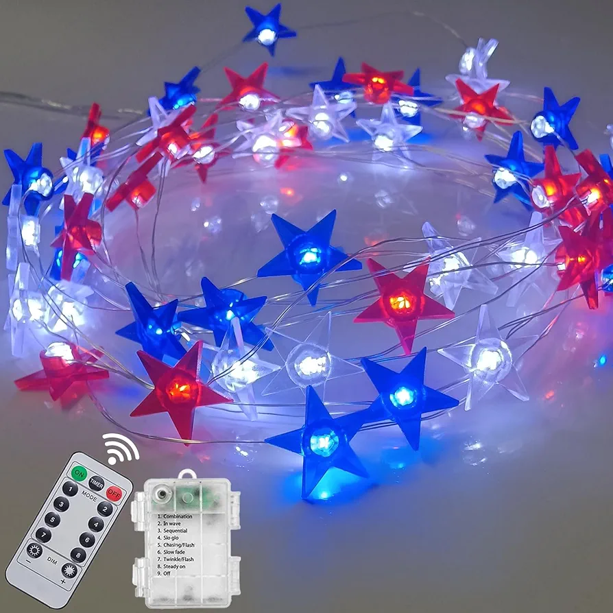 Red White and Blue Star Lights Battery Operated, 17Ft Patriotic Fairy Lights 50 LED Star Lights with Remote Timer, 4th of July Decorations Outdoor Lights for Memorial Day, Independence Day Decor