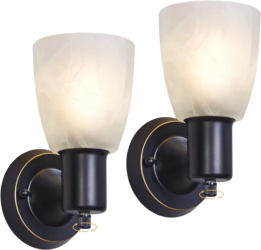 Wall Sconces Set of 2, Matte Black Vanity Lights for Bathroom, Modern Wall Light Fixtures with Rotary Switch, Wall Mount Light with Frosted Glass, Farmhouse Wall Lamp for Bedroom Mirror Living Room