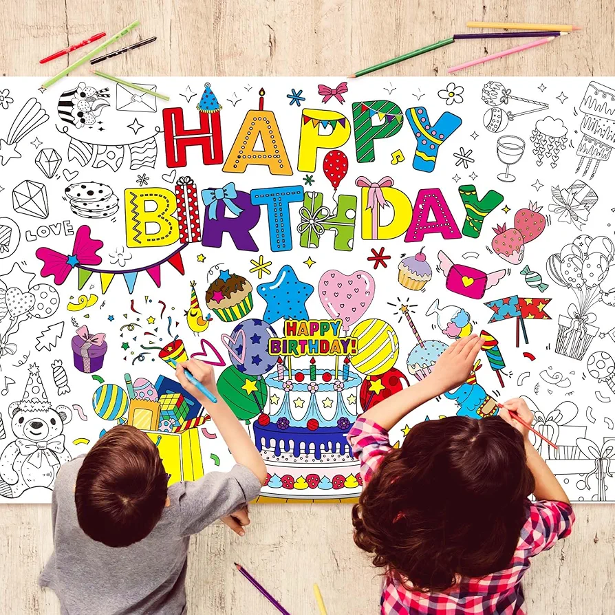 Layhit 82.7 x 47.2 Inches Large Happy Birthday Coloring Poster for Kids Giant Coloring Poster Jumbo Birthday Tablecloth Crafts Activities for Kids Classroom Home Birthday Party Supplies