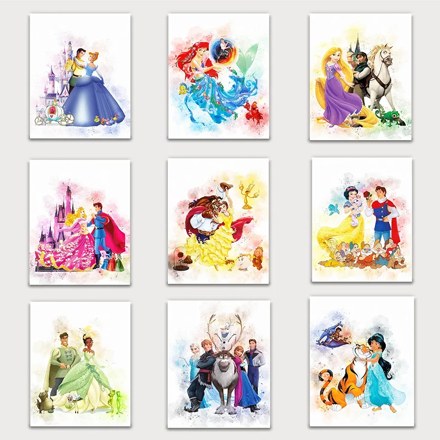 Princess Wall Art Decor Watercolor Prints - Set of 9-8 x 10 Inch - Princess Bedroom Decor, Princess Room Decor, Princess Wall Decor For Girls Bedroom- UNFRAMED