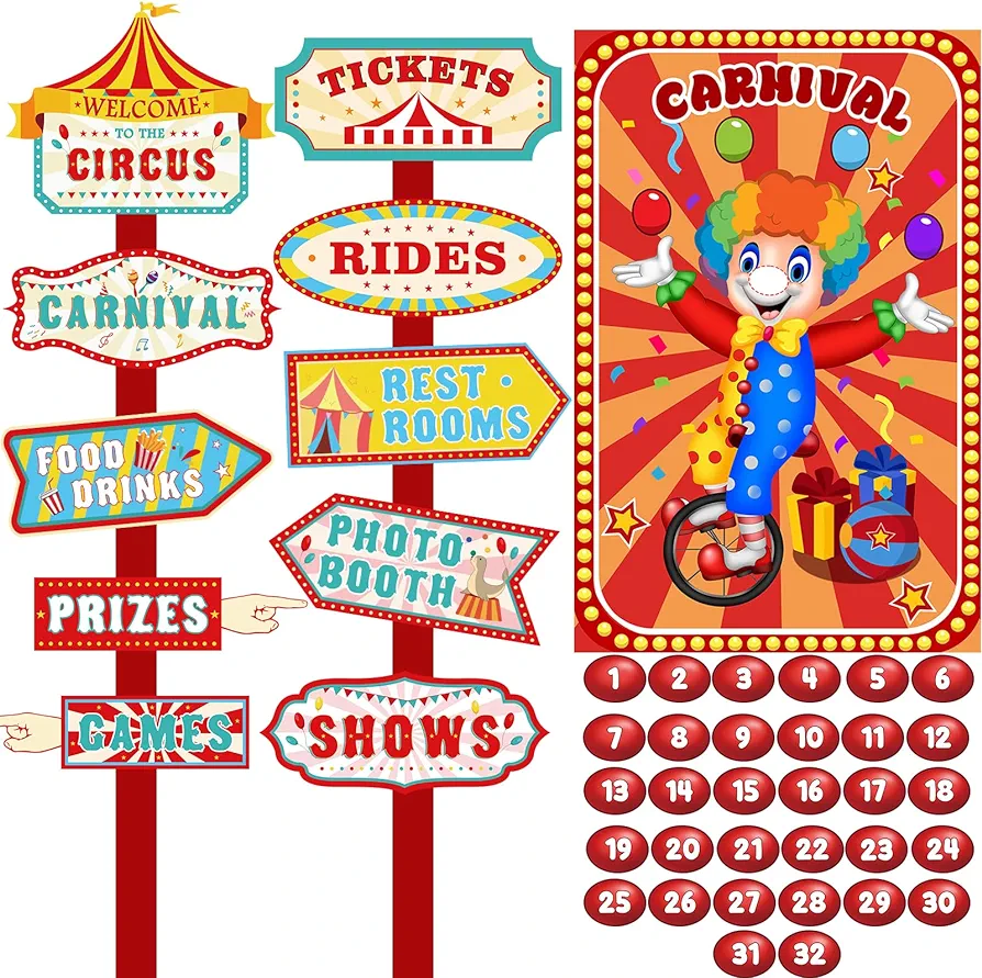 Carnival Party Games 20 Pieces Carnival Party Directional Signs and Pin The Nose on The Clown Game for Kids Circus Games Carnival Birthday Party Decorations Supplies