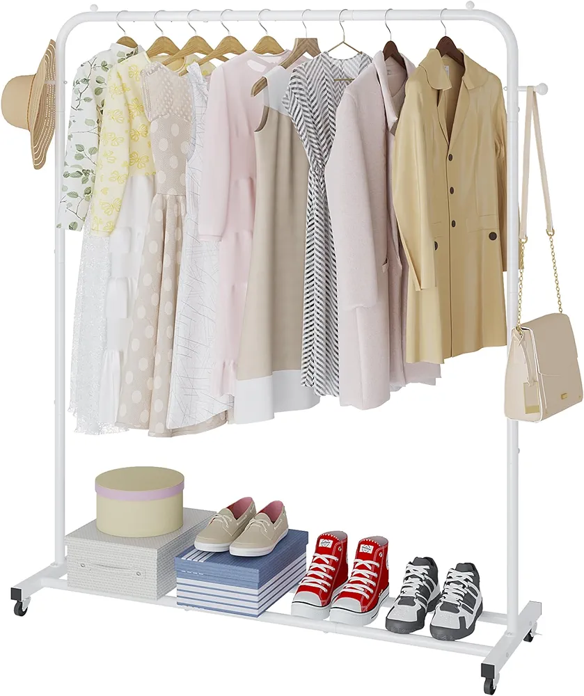 Garment Rack, Clothes Rack With Wheels, Freestanding Simple Single Pole, Coat Rack, Multi-functional Rolling Clothing Storage Rack With 2 Hooks for Bedroom, Laundry Room, Living-room, White