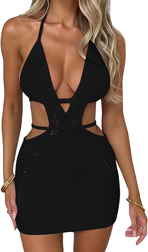 Women's Halter Bodycon Mini Dress Sleeveless Tie Backless Hollow Out Corset Knit Dress Wrap Dress Summer Beach Dress