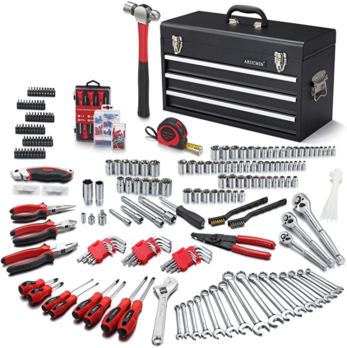 ARUCMIN 438-Piece Mechanics Tool Set with 3-Drawer Heavy Duty Metal Box Repair Tool Kit