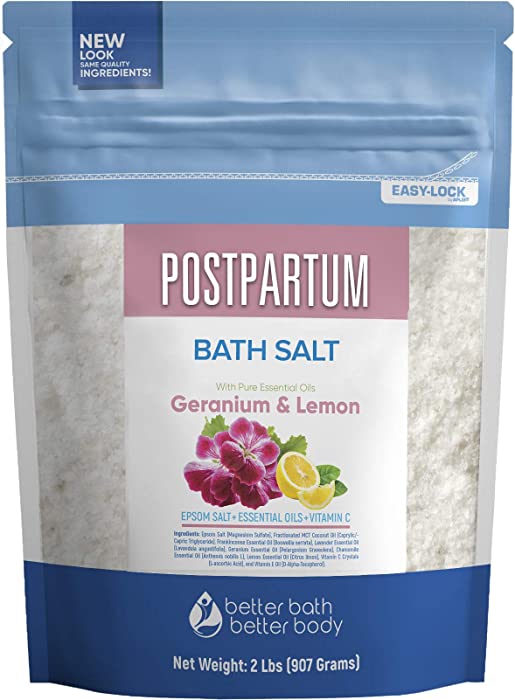 Postpartum Sitz Bath Salt 32 Ounces Epsom Salt with Natural Frankincense, Lavender, Geranium, Chamomile and Lemon Essential Oils Plus Vitamin C in BPA Free Pouch with Easy Press-Lock Seal