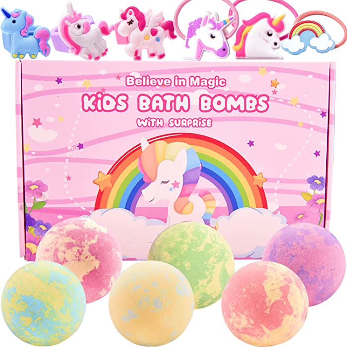 Unicorn Princess Bath Bombs for Girls Kids with Surprise Inside, 4.5 oz Large Natural Fizzy Fun Bubble Bath Bomb Kit with Jewelry Toys, Christmas Easter Eggs Valentines Day Birthday Gift Set 6PCS