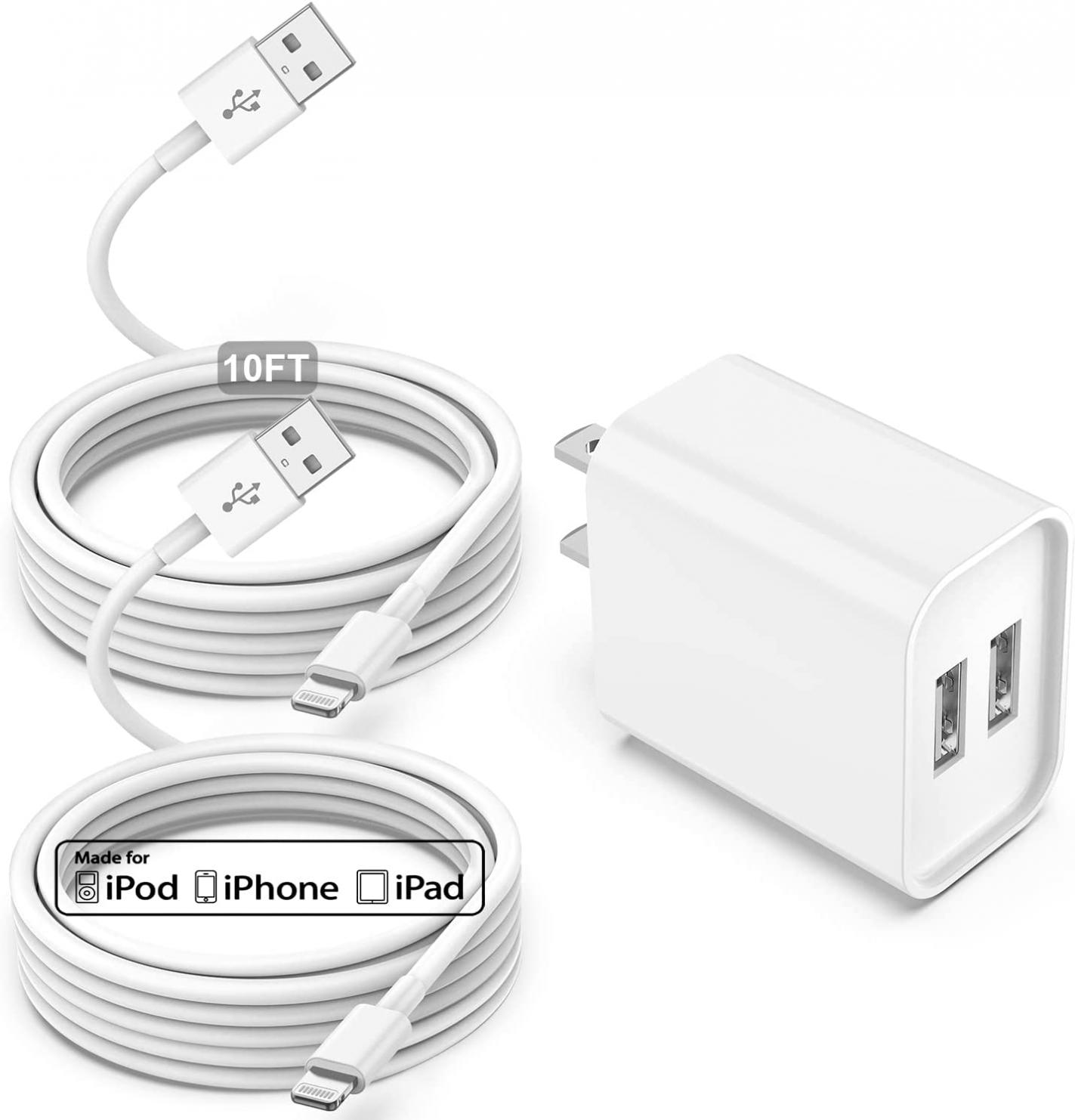 [Apple MFi Certified] iPhone Charger with Block 10 ft Cable, USB Wall Charger and Long 10 Feet Lightning Cord, 12W 2 Ports Charging Plug Block Box for iPhone 12/11/XR/X/Xs/Xr/8/7/6/6s Plus/SE/5c/iPad