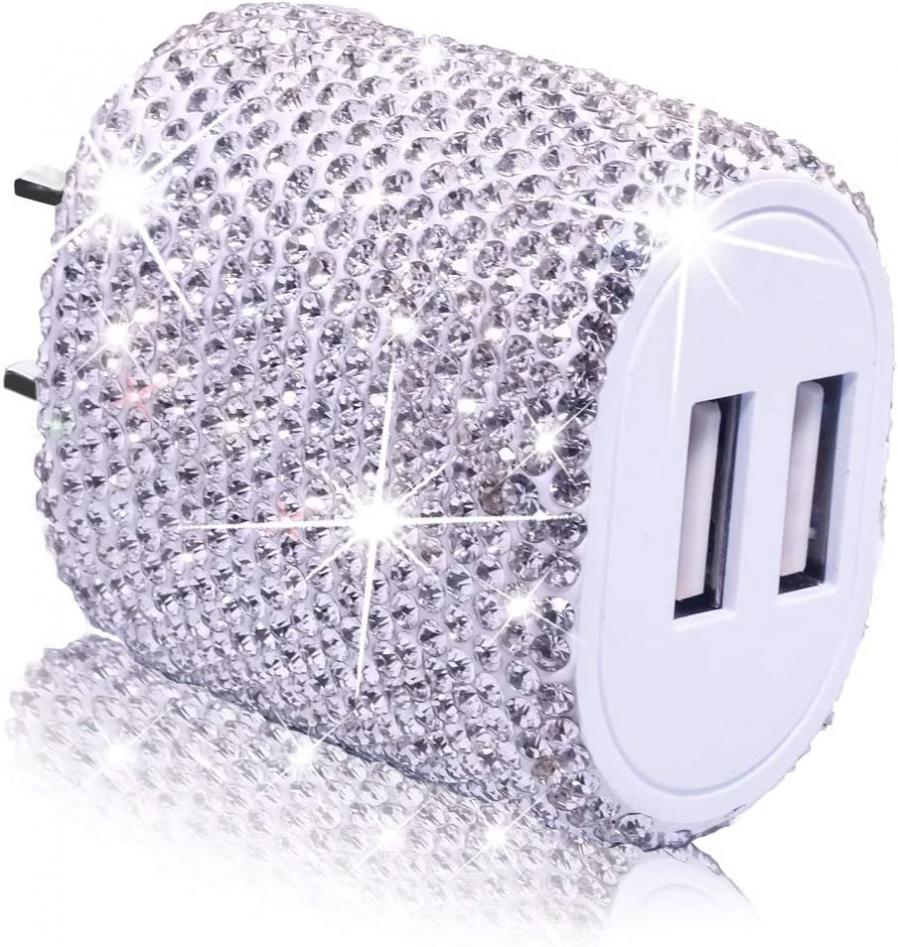 USB Wall Charger Bling 5V/2.4A 24W Dual Port Fast Charger Plug Cell Phone Block Adapter White for iPhone Android Samsung Pad Tablet etc