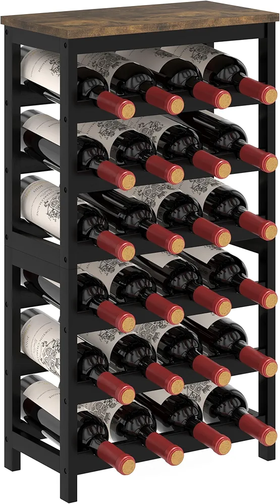 6 Tier Bamboo Wine Rack Freestanding Floor, 24 Bottles Wine Storage Shelves with Brown Table Top, Stackable Wine Display Rack for Kitchen, Bar, Dining Room, Living Room