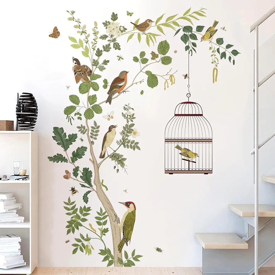 Removable Tree Bracnch Wall Decal Fresh Plant Leaves Wall Sticker Birds and Hanging Birdcage Wall Decor for Kids Girls Baby Boys Bedroom Living Room Bathroom Playroom Classroom Nursery Decoration