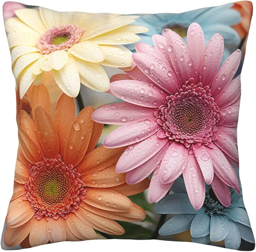 Decorative Throw Pillow Covers Colorful Daisy Flower Print Throw Pillow Cover Square Cushion Case Soft Couch Throw Pillows Farmhouse Cushion Covers For Sofa Bedroom Living Room Xmas Decor 12"x12"