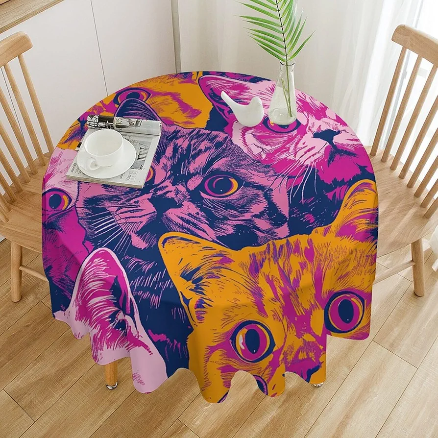 Orange and Purple Cat Tablecloth Waterproof Wrinkle Resistant Round Table Cover 36x36in Washable Table Cloth for Indoor Outdoor Kitchen Dining Room Holiday Decorative 60 Inch