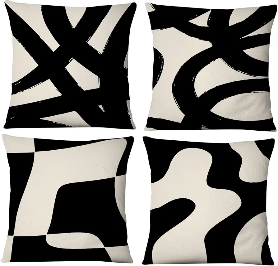 Black White Geometric Modern Abstract Neutral Art Throw Pillow Cover, Abstarct Art Throw Pillow Case 18×18 Inch Set of 4, Home Living Room Bedroom Patio Couch Decor,Women Gifts (Black)