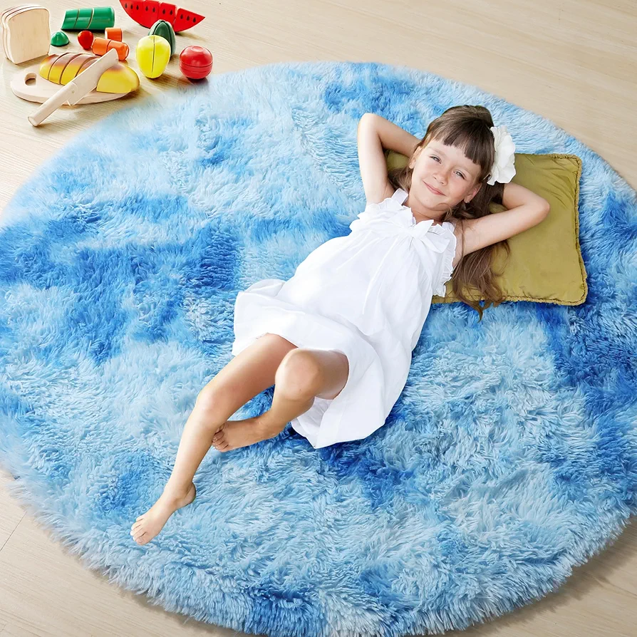 Tie-Dye Blue Round Area Rug 4x4, Soft Bedroom Circle Rugs Floor Mats for Kids Girls Teen Room, Kawaii Fluffy Plush Shaggy Carpet for Baby Nursery Living Room Playroom Home Decor