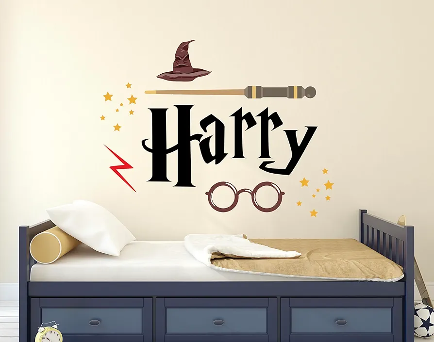 Custom Wizard Name Wall Decal for Kids Bedroom - Personalized Potter Wall Sticker Wallpaper for Boys - Unisex Glasses Wand Magic Teen Wall Decals for Room Playroom Art Mural Vinyl Sticker