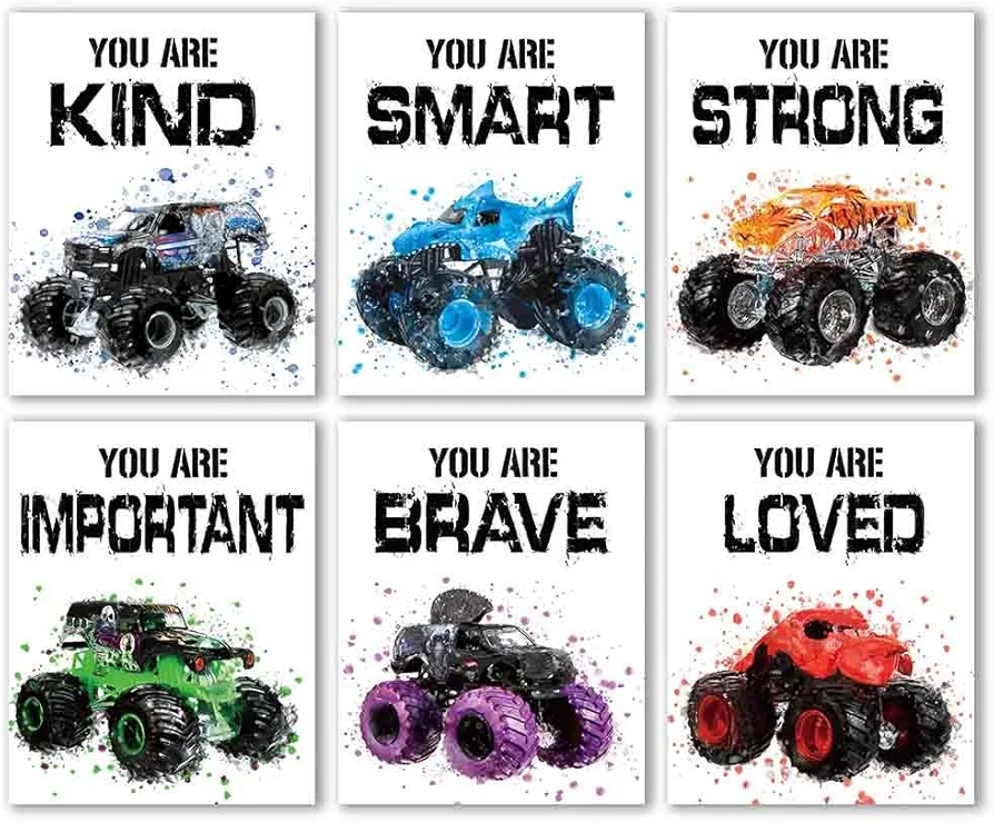 IIILUYOT Inspirational Racing Car Decor Kids Room Wall Decor, Positive Quotes Racing Car Wall Decor Art Print for Boys Kids Teens Children Bedroom Princess Toddler Room, Set of 6 (8"x10") Unframed