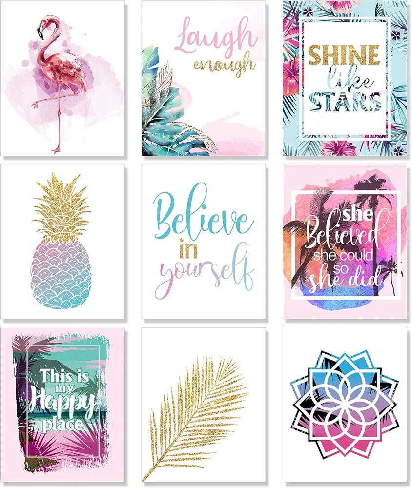 Outus Set of 9 Inspirational Prints Teen Girl Room Wall Art Flamingo Pineapple Leaf Motivational Phrases Posters Girls Bedroom Home Decorations Unframed