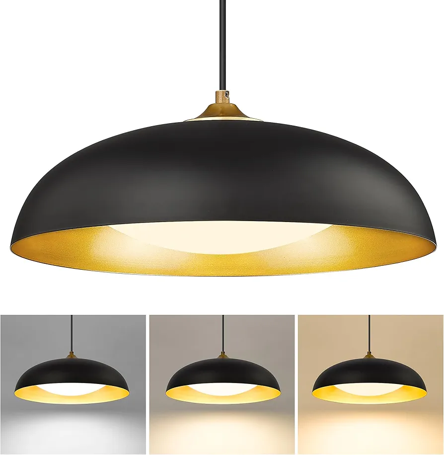 kudos 15 Inch Large LED Pendant Lights, Black and Gold Pendant Light Fixtures, Modern Hanging Lights for Kitchen Island, Dining Room, Living Room, Bedroom, 5CCT Adjustable, KDPL02-BK