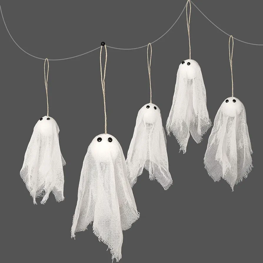 Decor365 Pack of 12 Small Hanging Ghost with White Creep Cloth and Black Eyes for Halloween Party Decoration Home/Yards/Garden/Pub/Classroom/Showcase/Living Room Holiday Party Decor