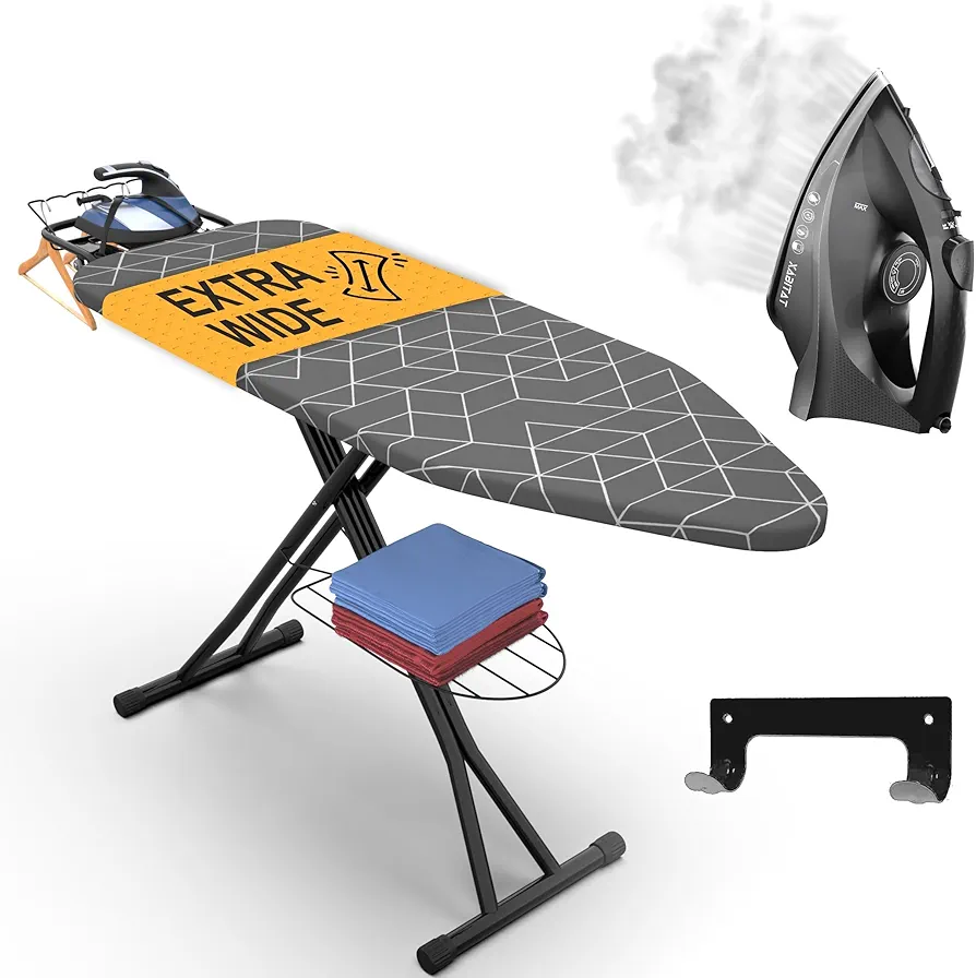 Xabitat 57" X 18" Extra Wide Ironing Board & Steam Iron Set | Wall Mount Hanger | Full Metal Construction| Built in Iron Caddy | Heat & Scorch Resistant Fabric | Cord Holder | Anti-Skid Feet