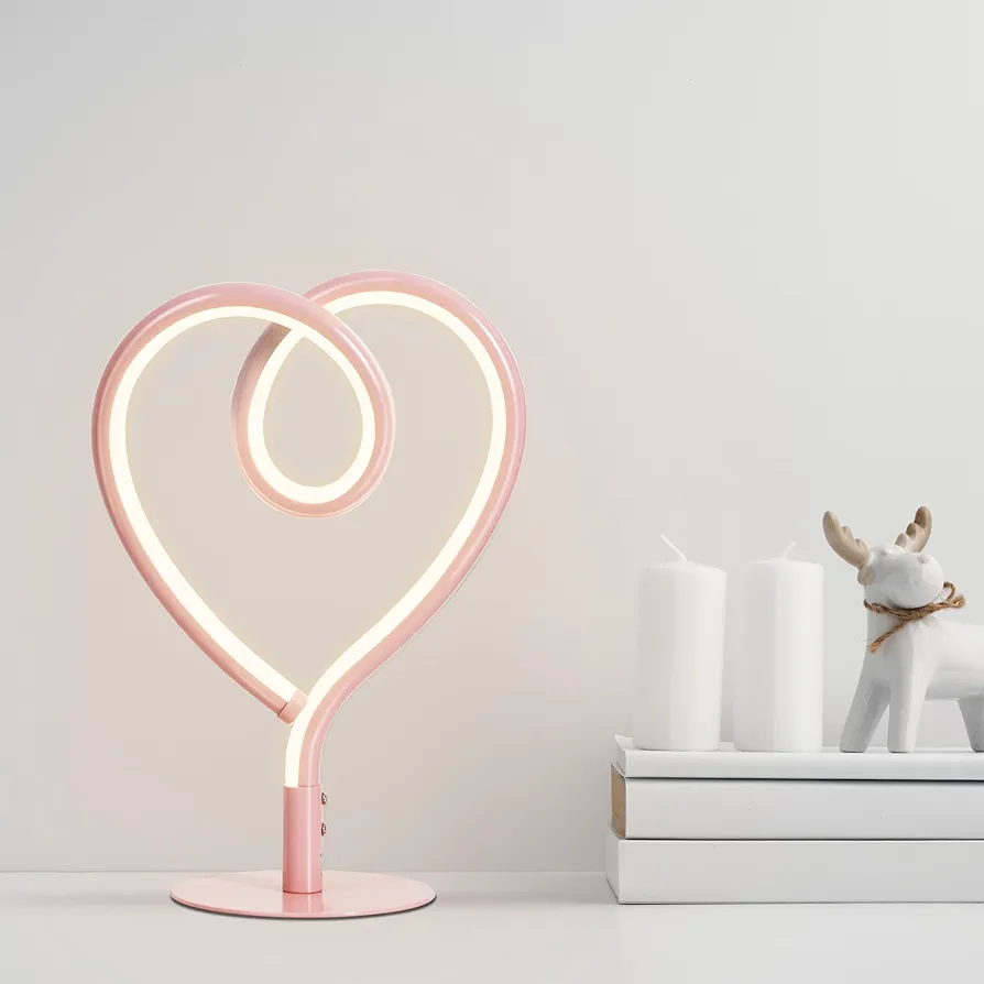 Heart Touch Table Lamp with USB Adapter - Small LED Bedside Decorative Lamp for Bedroom, 3 Way Dimmable Modern Nightstand Lamps for Living Room, Dresser, Office Desk - Unique Pink Gift