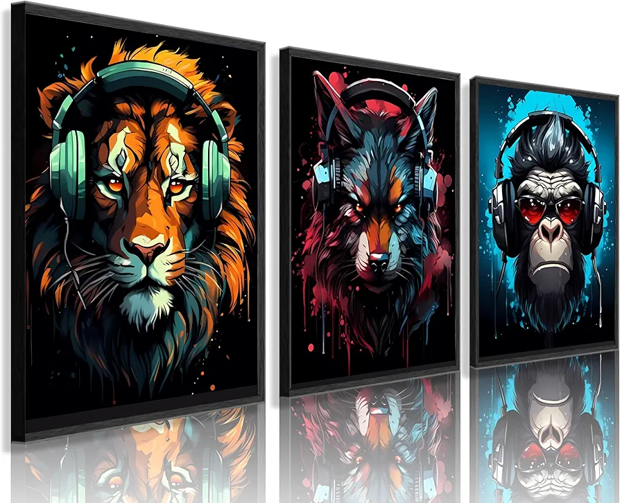 3pce Gaming Colorful Graffiti Animals Wall art with Sunglasses Gorilla lion Wolf Bedroom Posters Prints Gamer Gaming Painting Headphones Music Game Boys Canvas teenager Room Kids Decor unframed