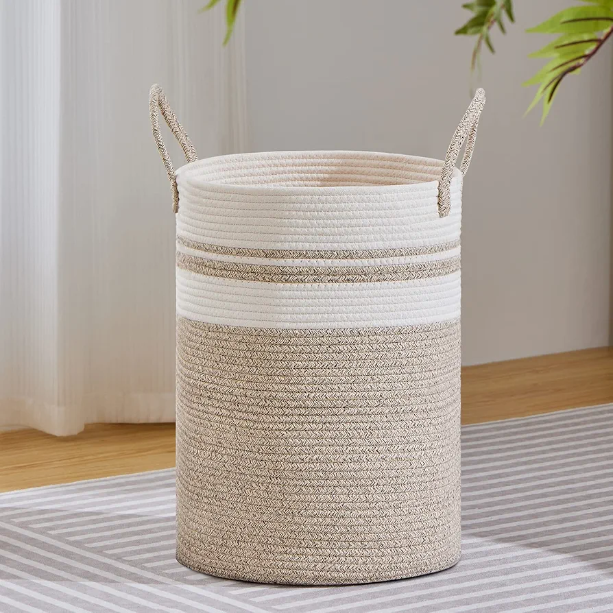 VIPOSCO Large Laundry Hamper, Tall Woven Rope Storage Basket for Blanket, Toys, Dirty Clothes in Living Room, Bathroom, Bedroom - 58L Brown & White