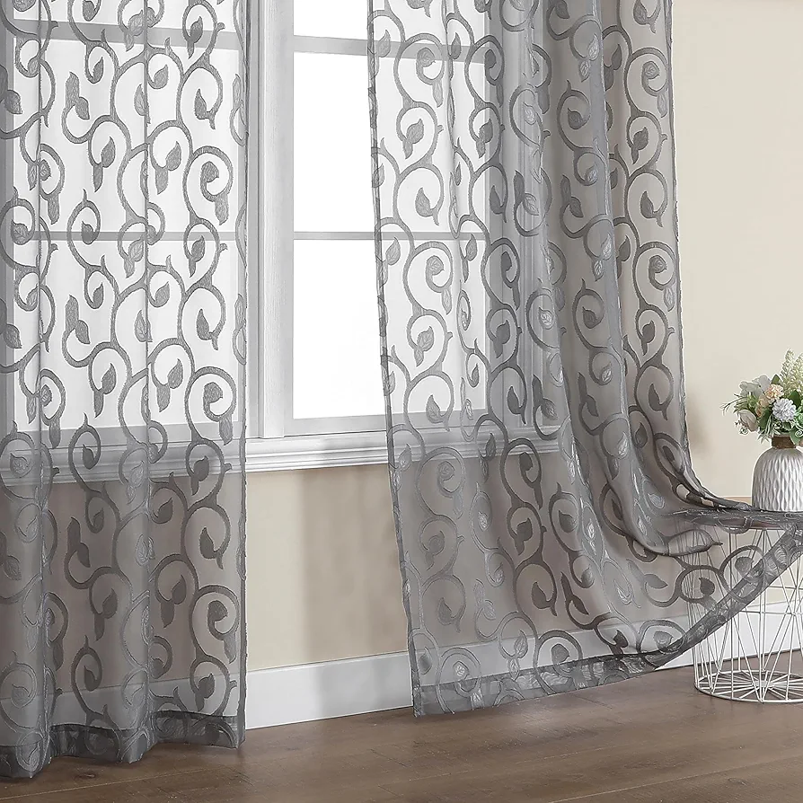 OWENIE Furman Sheer Curtains 84 inches Long for Bedroom Living Room 2 Panels Set, Light Filtering Window Curtains, Semi Transparent Voile Top Dual Rod Pocket, Grey, 40Wx84L inch, Total 84 Inches Width