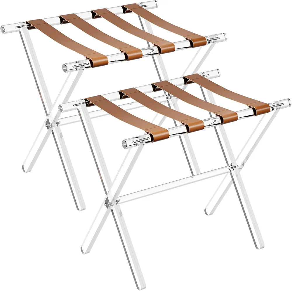 Sumerflos Acrylic Luggage Rack with Brown Leather Straps for Guest Room - 2 Pack Foldable Clear Fancy Suitcase Stand for Bedroom, Hotel, Holds Up to 50-100 lb, Ease of Use, Portable, Space Saving