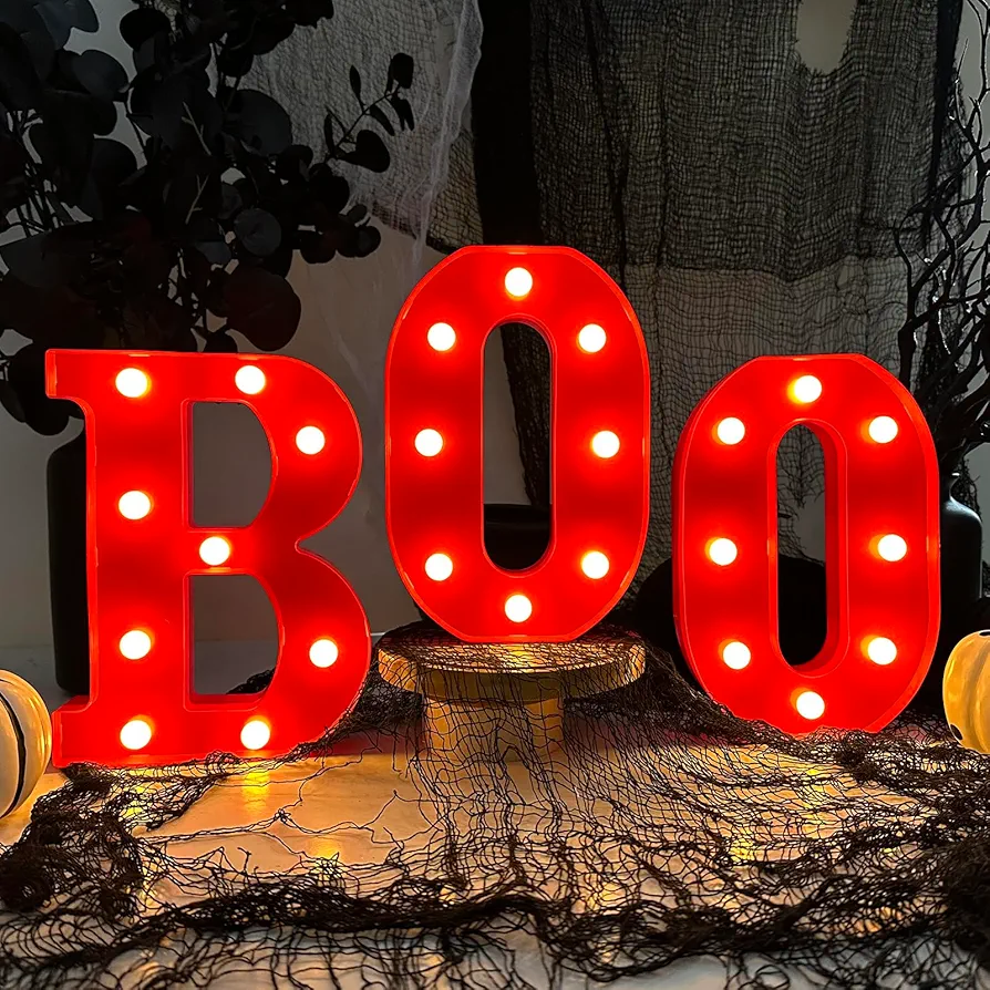 Halloween Decor-Halloween Decorations Indoor-3 LED Marquee Light Up Letters "BOO" Halloween Lights for Home Kitchen Fireplace Tabletop Party Decoration