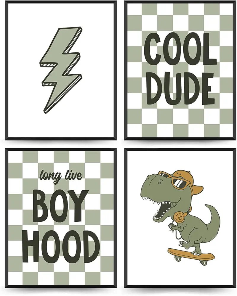 PLKMN Dinosaur Room Decor for Boys,Long Live Boyhood Wall Art Prints,Preppy Posters,Lightning Sign Poster Prints for Boys Teen Bedroom Playroom Dorm Decor 8x10 Inch Set of 4 Unframed