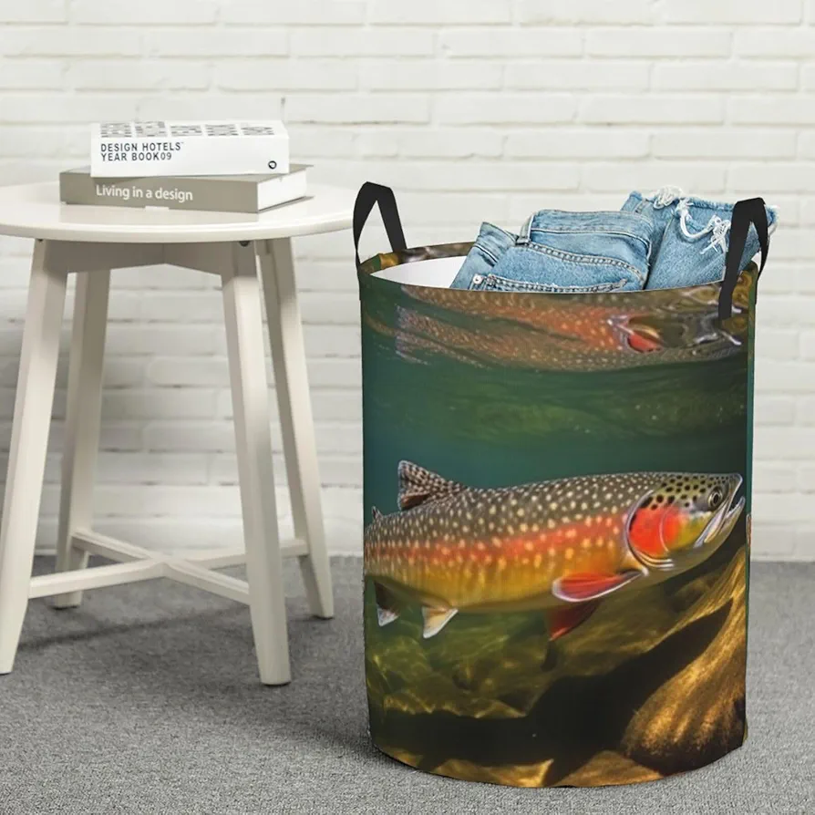 Large Laundry Basket Brook Trout Fly Fishing Laundry Hamper Collapsible Laundry Baskets Freestanding Waterproof Laundry Bag for Bedroom Bathroom Laundry Room, Small, Black, 65HG6FD54H6