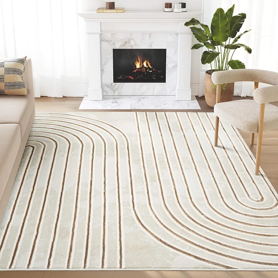 Abani Glam Collection Area Rug - Beige/Cream Modern Abstract Design - 8' x 10' - for Living Room, Bedroom & Office