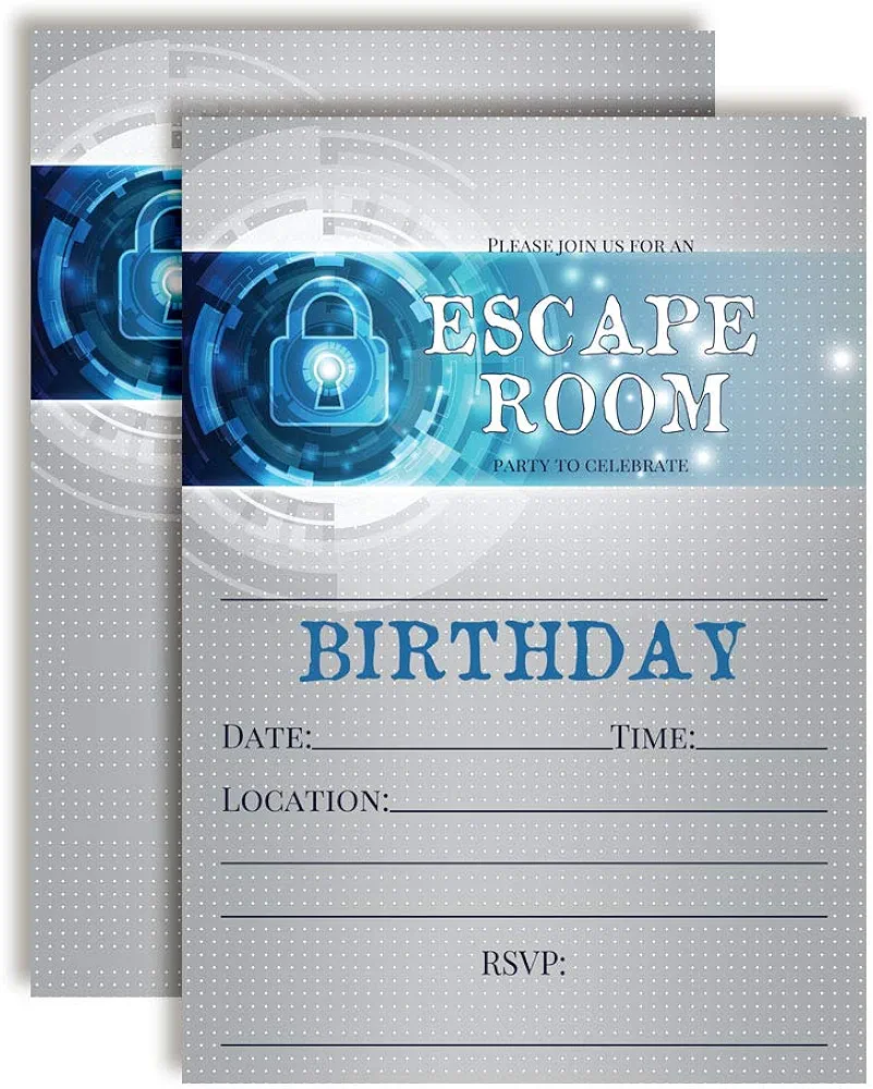 Escape Room Themed Birthday Party Invitations, 20 5"x7" Fill In Cards with Twenty White Envelopes by AmandaCreation