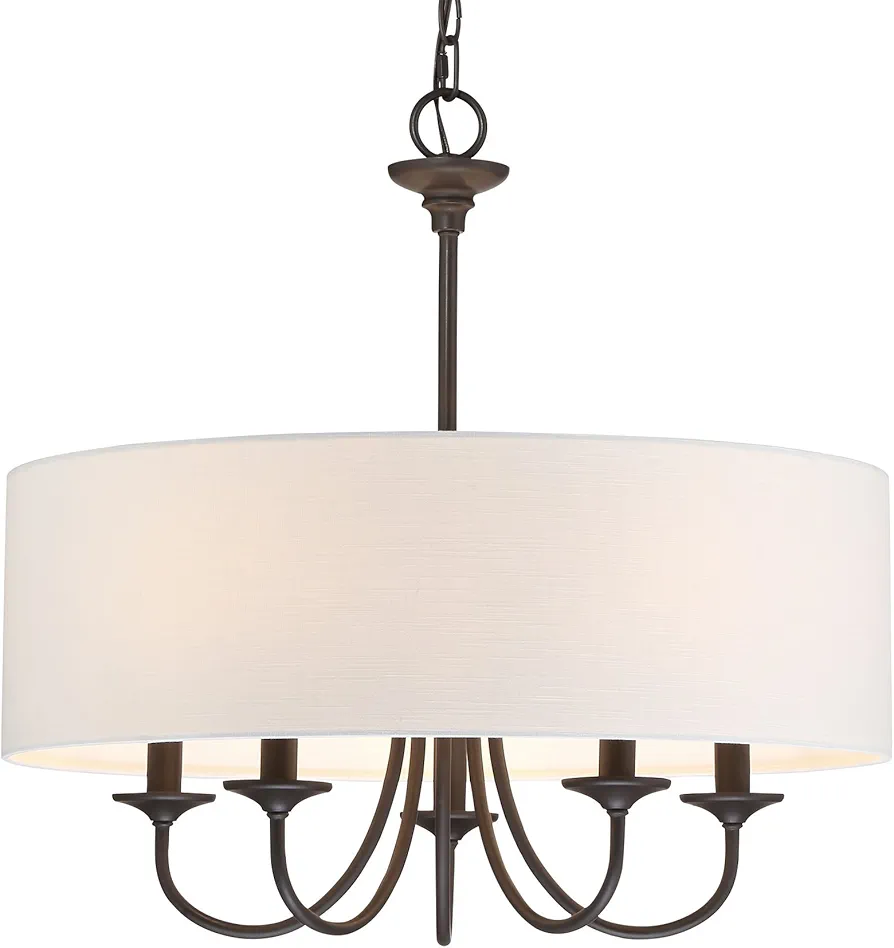 Kira Home Quinn 21" Traditional 5-Light Chandelier + White Linen Drum Shade, Oil-Rubbed Bronze Finish