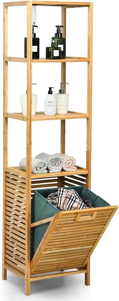 4 Tier Bamboo Shelves with Tilt Out Laundry Hamper, Freestanding Storage Shelf with Laundry Basket, Tower Hamper Organizer for Laundry Room, Bathroom, Bedroom, Natural