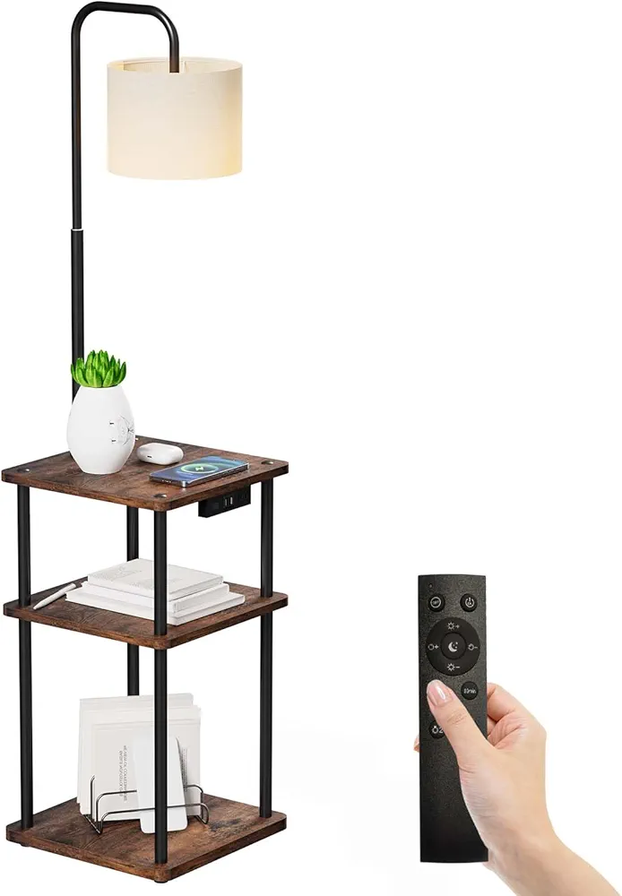 Floor Lamp with Table, Lamp with Shelves and Wireless Charging, Stepless Color Temperature Adjustment with 9W Bulb and Magnetic Remote Control for Living Room, Bedroom