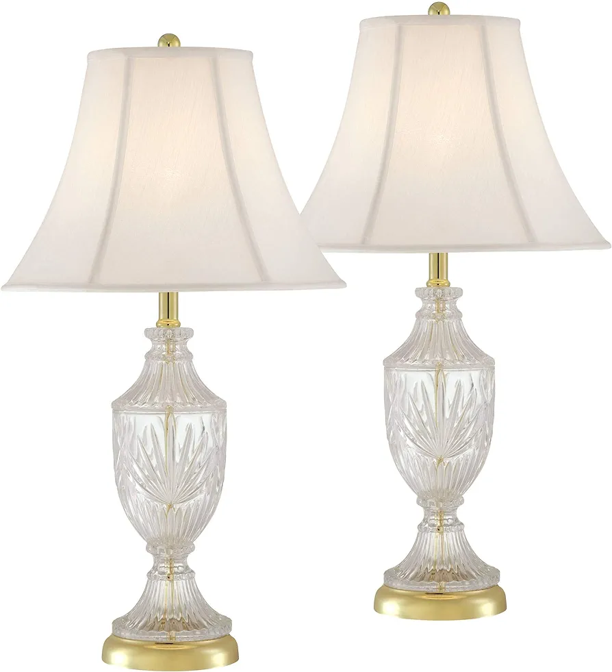 Regency Hill Traditional Glam Luxury Table Lamps 26.5" High Set of 2 Clear Glass Urn Brass Gold Metal White Cream Bell Shade Decor for Living Room Bedroom House Bedside Nightstand Home