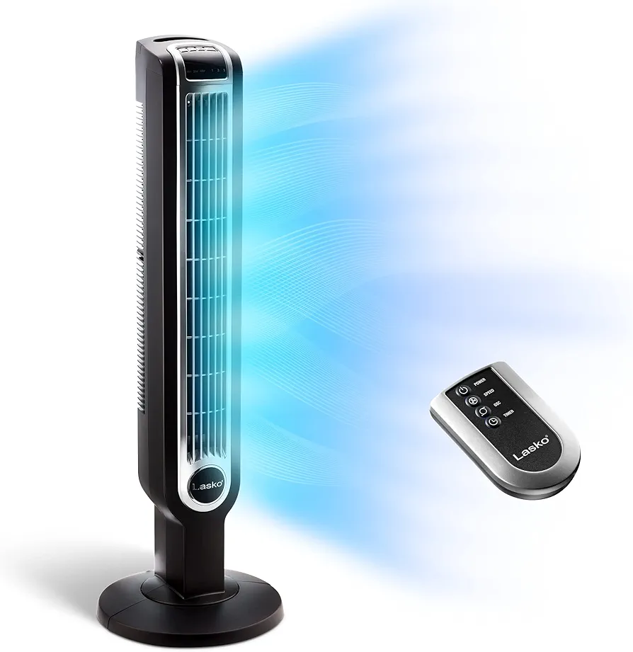 Lasko Oscillating Tower Fan, 3 Quiet Speeds, Timer, Remote Control, for Bedroom, Kitchen, Office, 36", Black, 2511