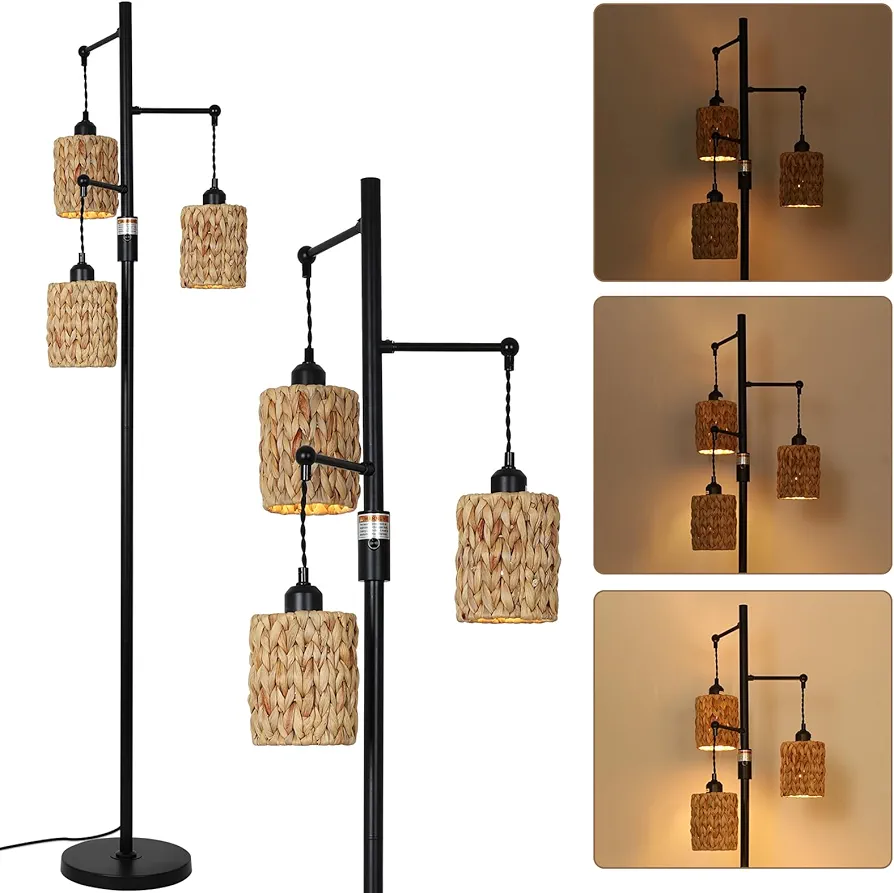 Rattan Floor Lamp, 3-Lights Boho Floor Lamp with Stepless Dimmer, Farmhouse Rustic Floor Lamps for Living Room, Tall Floor Lamp with Rattan Shades, Dimmable Standing Lamp for Bedroom