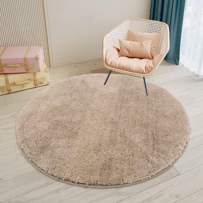 Seavish Round Shag Rug, 3.3Ft Circle Rug Beige Fluffy Rug Washable Non Slip Fuzzy Carpet Shaggy Area Rug Thick Comfy Tan Indoor Kids Rug for Nursery Girls Bedroom Bathroom Living Room Laundry Room