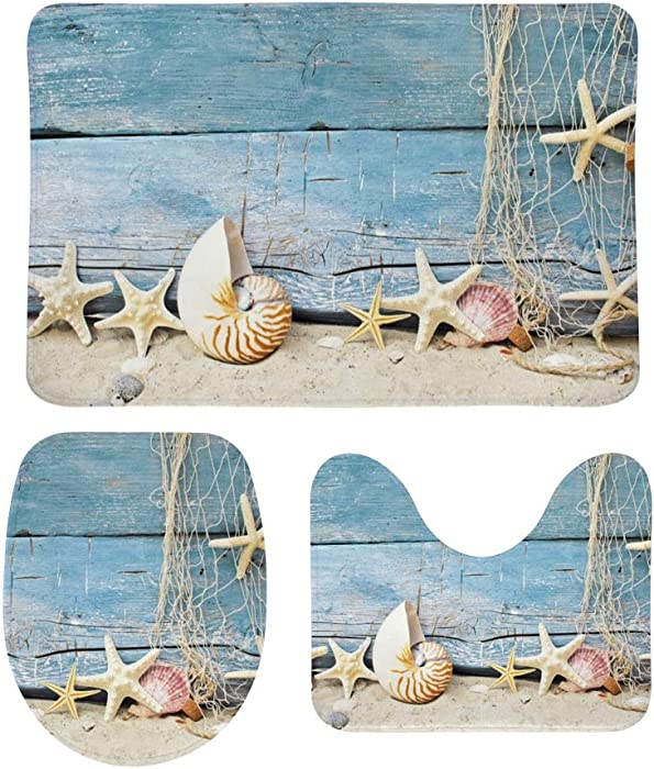 My Daily 3 Piece Bathroom Rug Set Seashells Starfish Beach Maritime Toilet Contour Mat Lid Cover Non-Slip Bath Mat