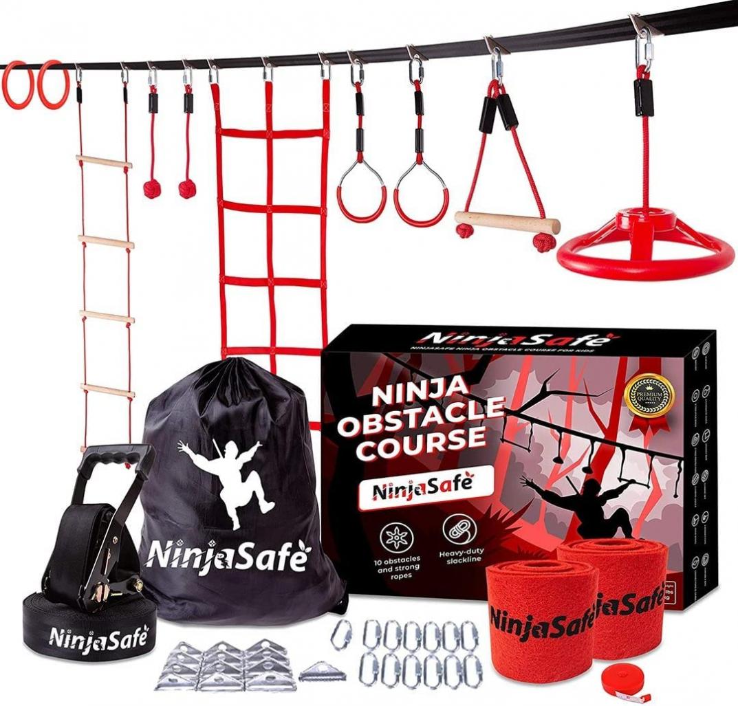 Ninja Obstacle Course for Kids Backyard - 10 Durable Obstacles and 50' Slackline - Outdoor Playset Equipment for Girls & Boys with Climbing Net & Ladder, Wheel, Warrior Gymnastics & Monkey Bars