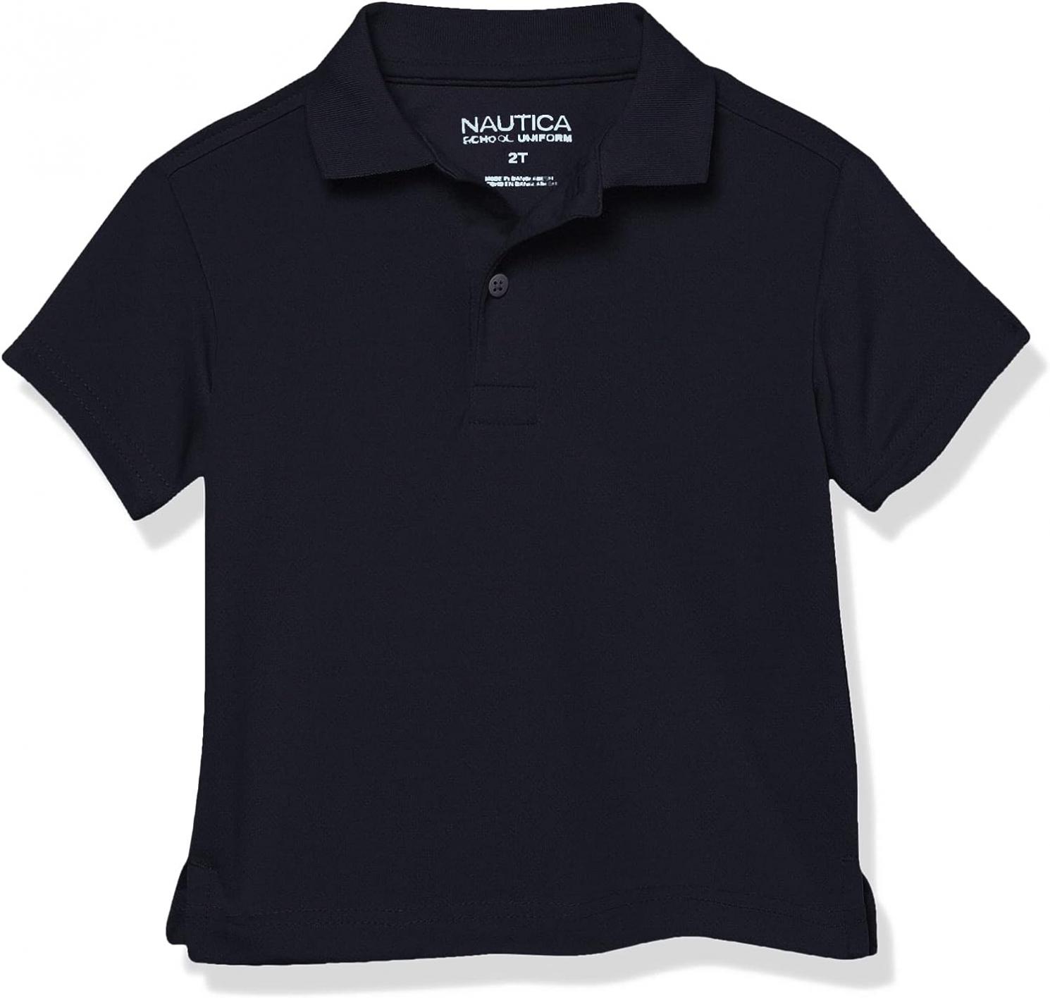 Nautica Boys' School Uniform Short Sleeve Polo Shirt, Button Closure, Moisture Wicking Performance Material