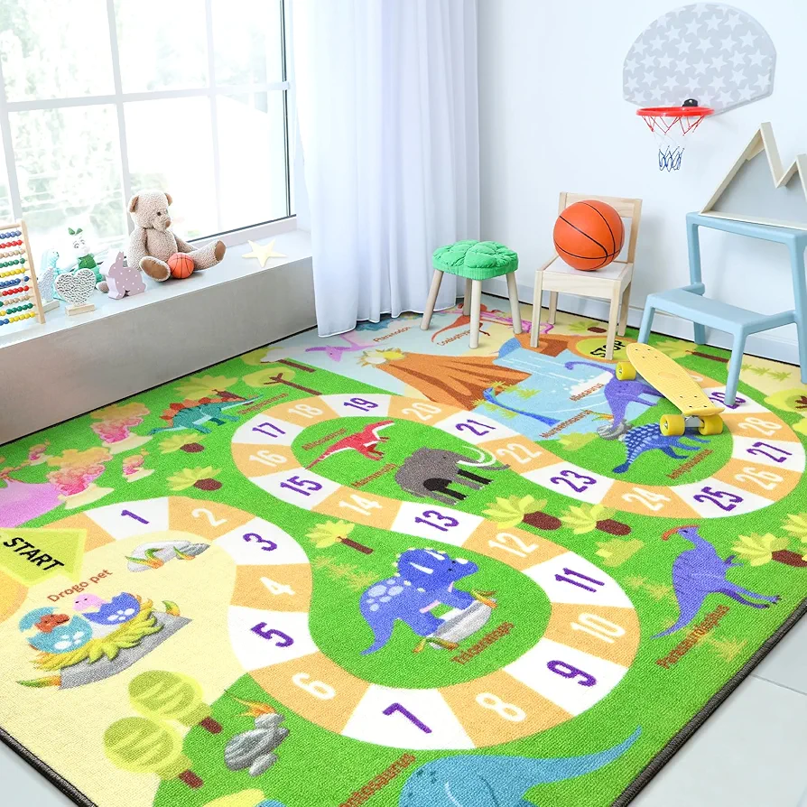 Chicrug Kids Dinosaur Playmats Educational Area Rugs, Kids Play Mat Carpet for Learning Numbers, Animals and Words for Children's Room Playroom Nursery, Kid's Floor Play Rug for Bedroom, 4x6 Feet