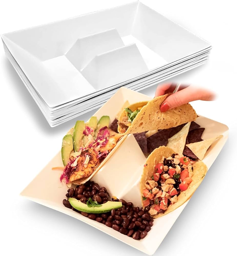 With Room For Sides - Disposable, Biodegradable Holder for Tacos and Room for Chips, Beans, Rice - Heavy Duty Premium Quality - Sugar Cane Fiber - 12x8.5 Rectangle - (12 Count)