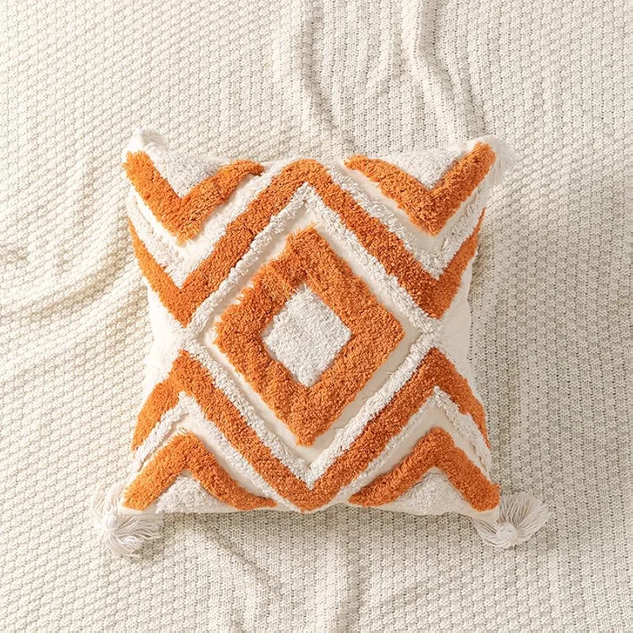 GeRRiT Boho Throw Pillow Covers 18x18 inch, Woven Tufted Decorative Pillow Covers with Tassel Diamond Geometric Pattern Pillow Covers for Couch Sofa Bedroom Living Room Farmhouse Decor (Orange)