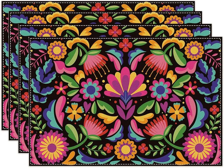 Linen Mexican Fiesta Placemats Set of 4 Cinco De Mayo Table Mats Dia De Los Muertos Decor Day of The Dead Decorations and Supplies for Home Kitchen Dining Room Table