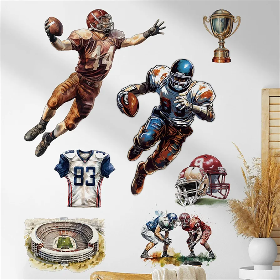 Football Player Wall Decal Football Themes Wall Sticker Art Wall Clings Vinyl Stickers for Nursery Kid's Room School Living Room TV Background Decoration Murals (Football Player)